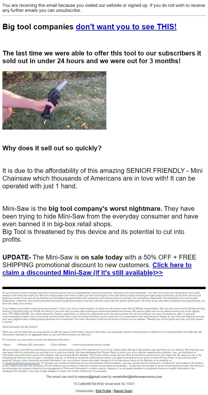 Screenshot of the email generated on import