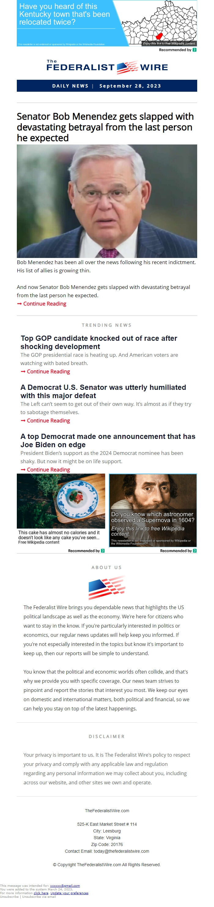 Screenshot of the email generated on import