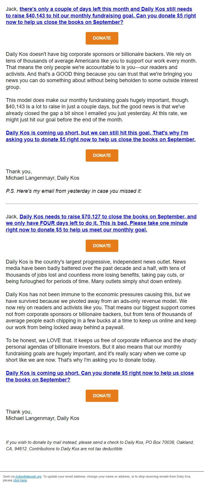 Screenshot of the email generated on import