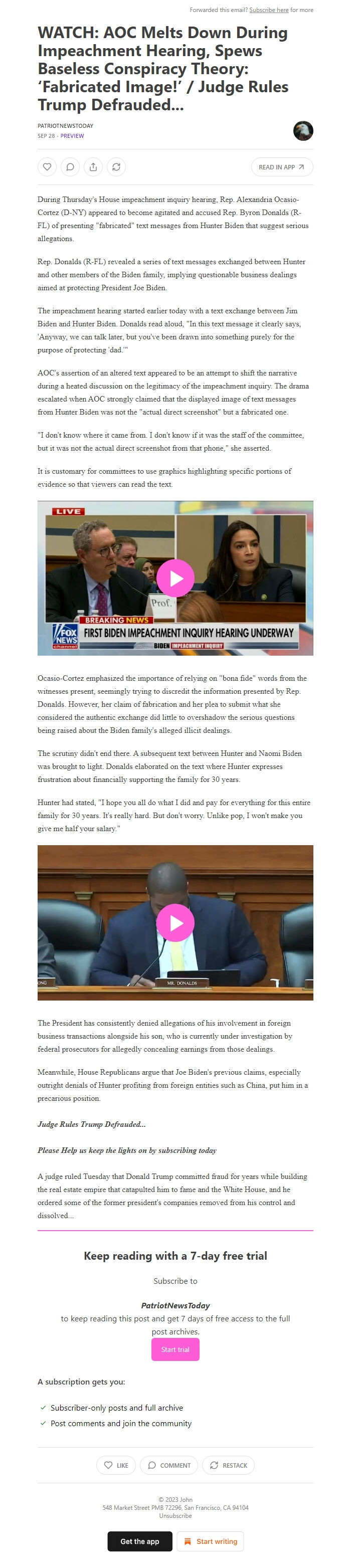 Screenshot of the email generated on import