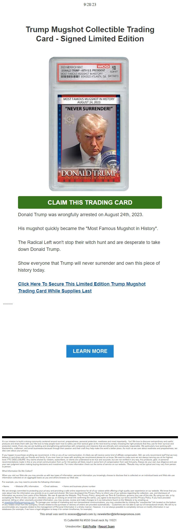 Screenshot of the email generated on import