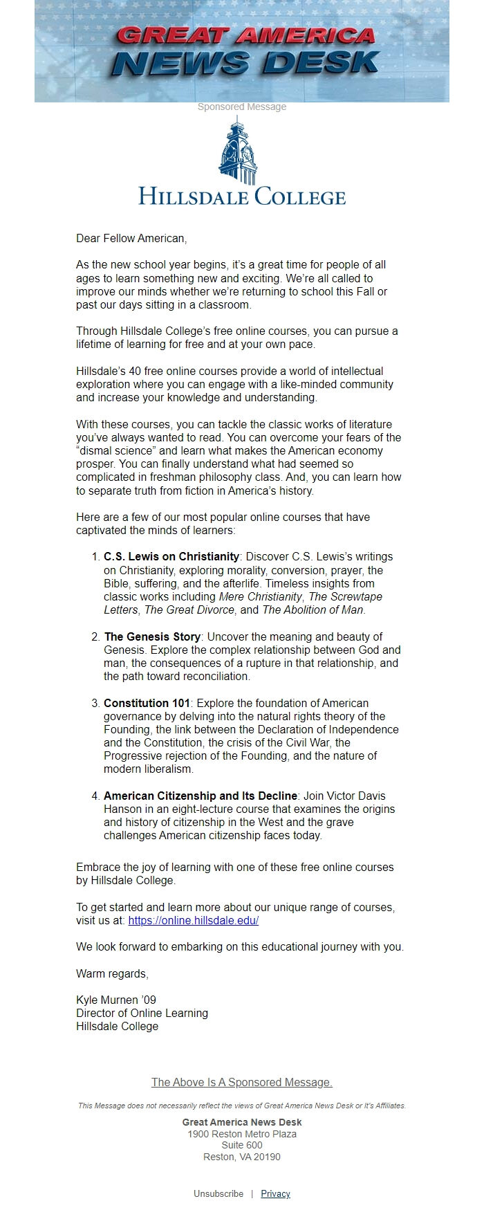 Screenshot of the email generated on import