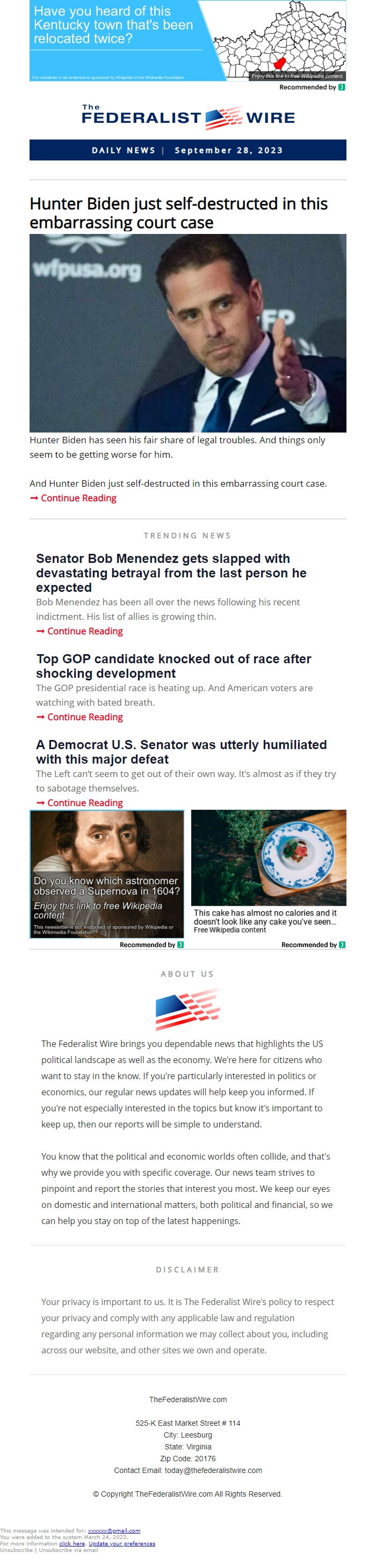 Screenshot of the email generated on import