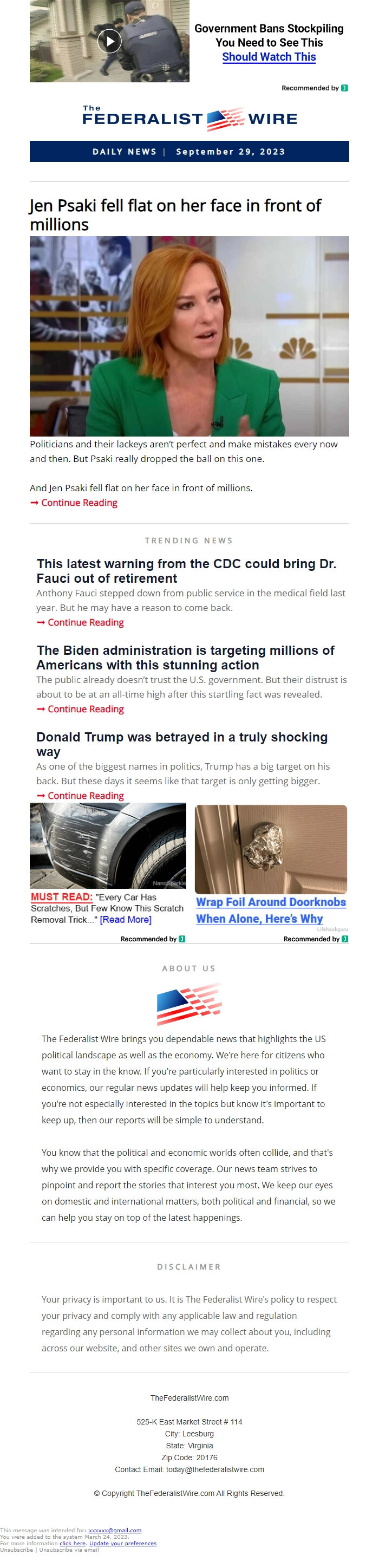 Screenshot of the email generated on import