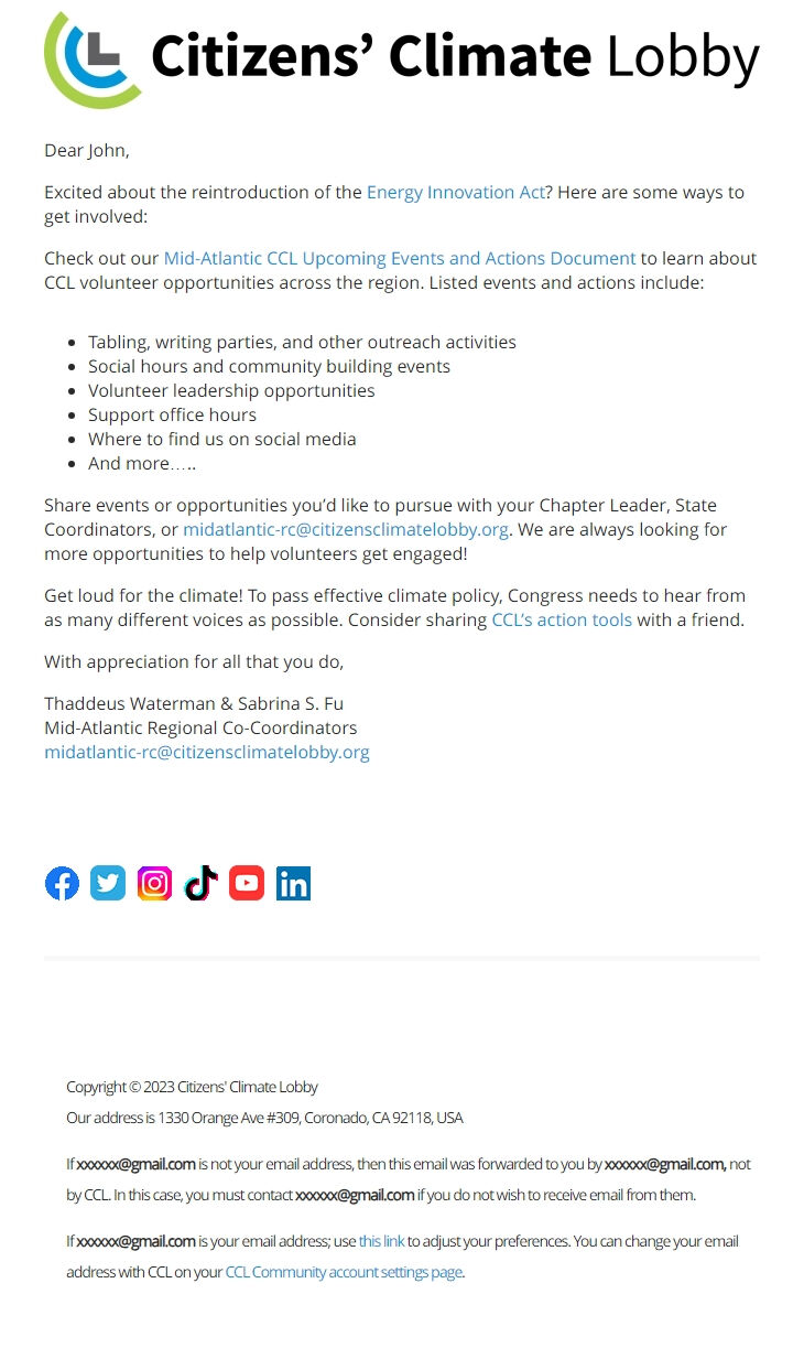 Screenshot of the email generated on import