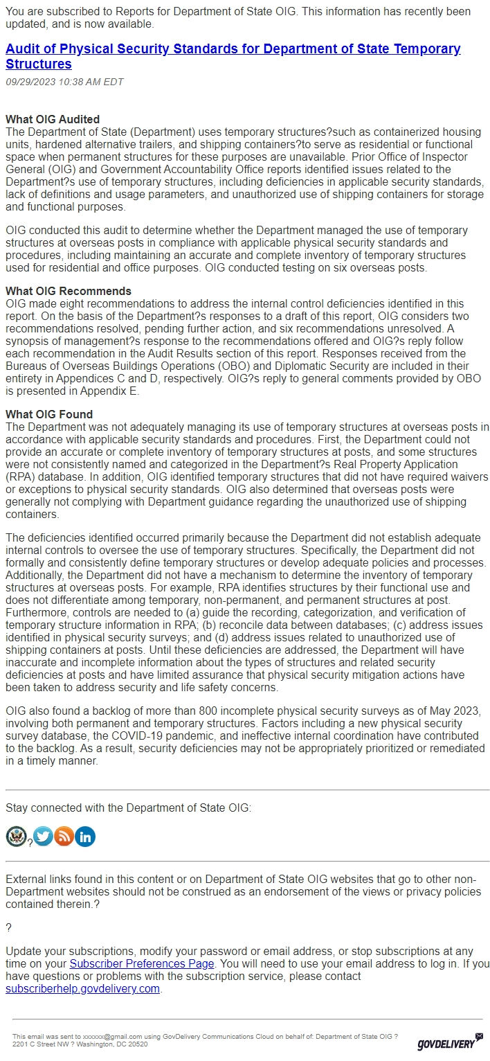 Screenshot of the email generated on import