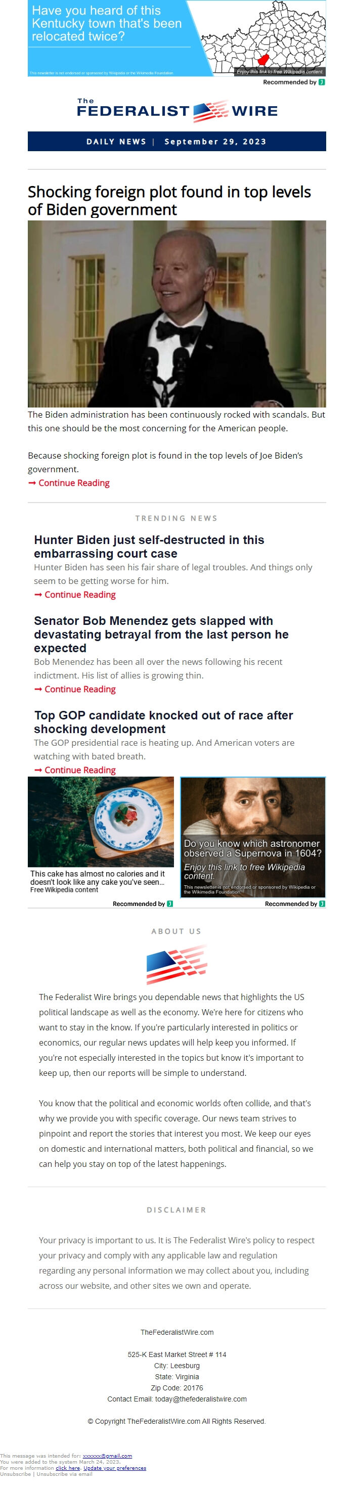 Screenshot of the email generated on import