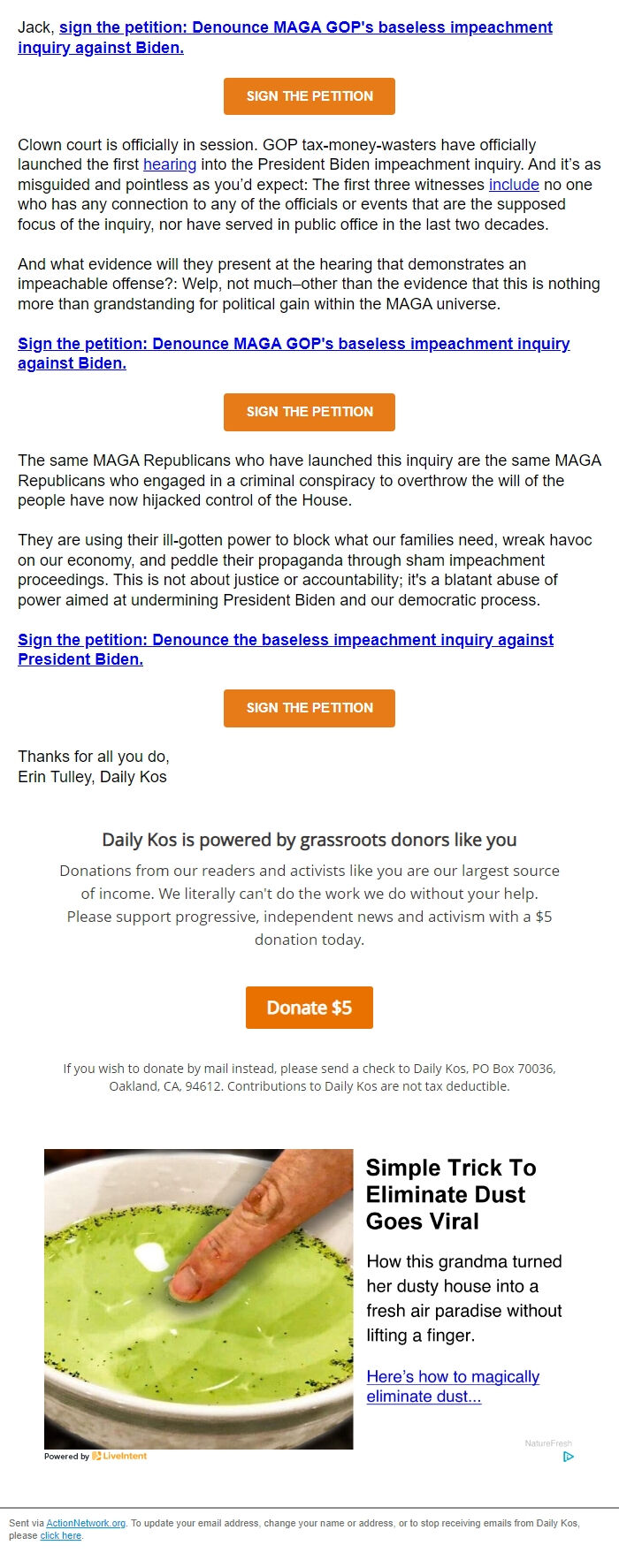 Screenshot of the email generated on import