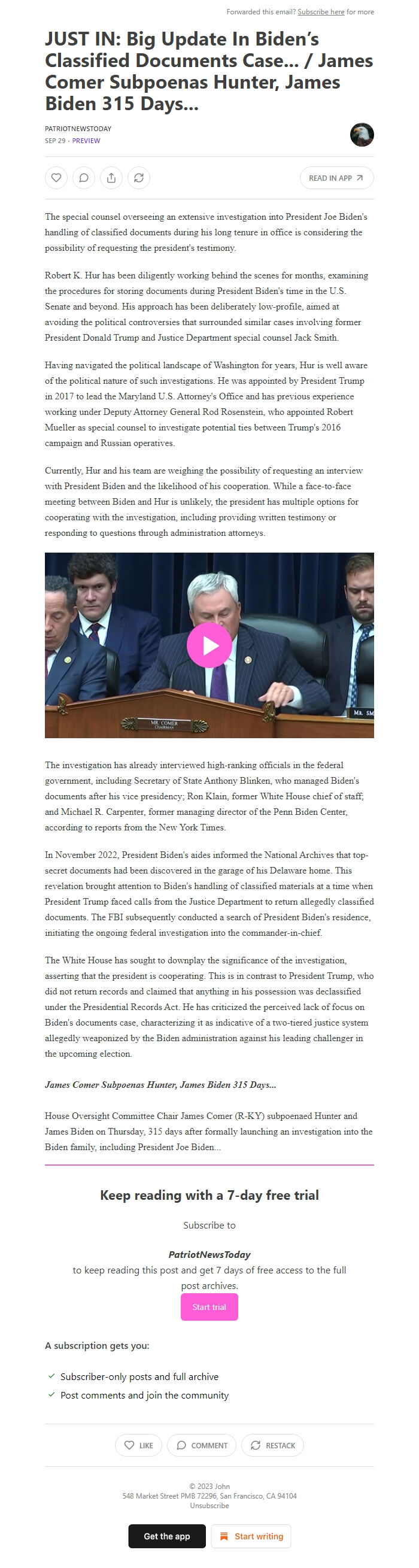 Screenshot of the email generated on import