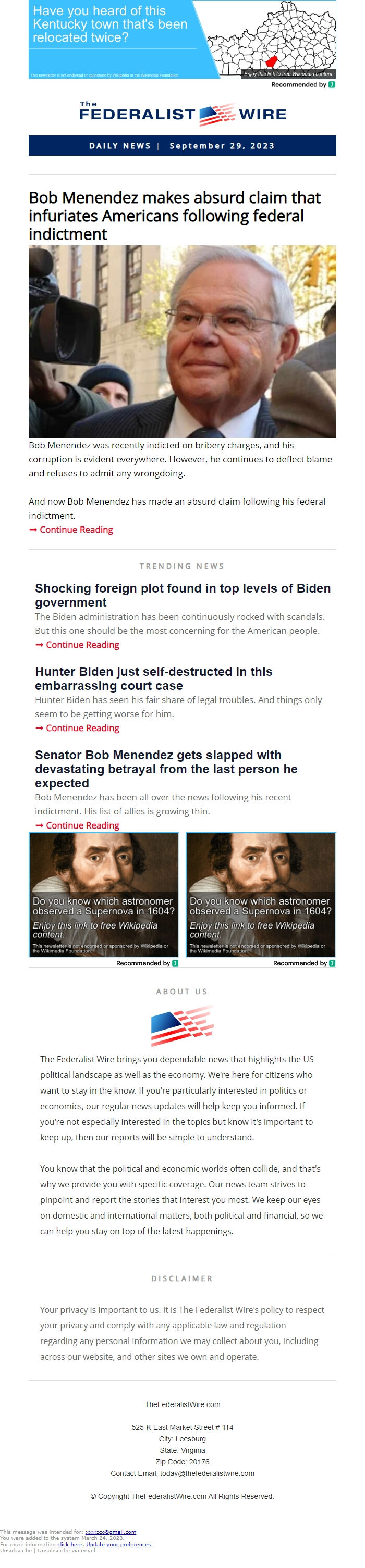 Screenshot of the email generated on import