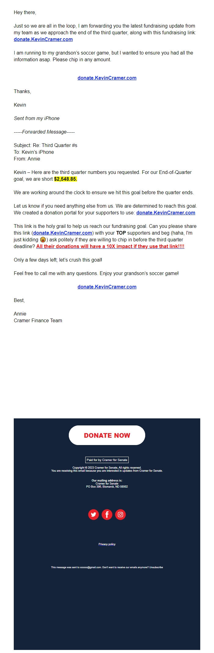 Screenshot of the email generated on import