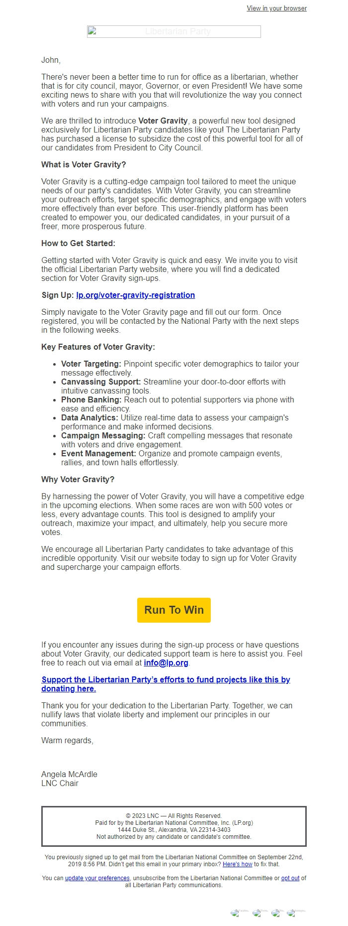 Screenshot of the email generated on import