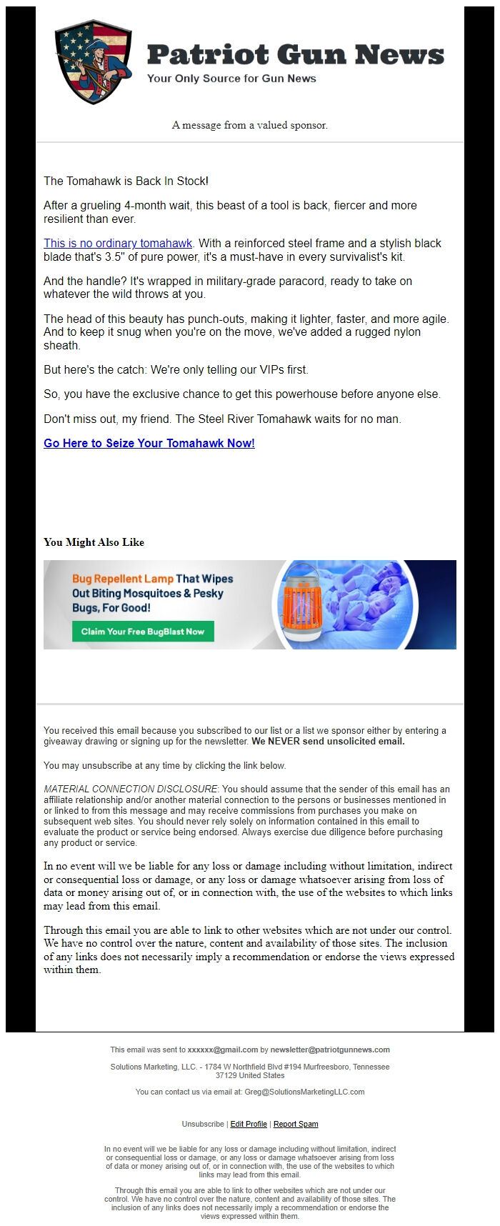 Screenshot of the email generated on import