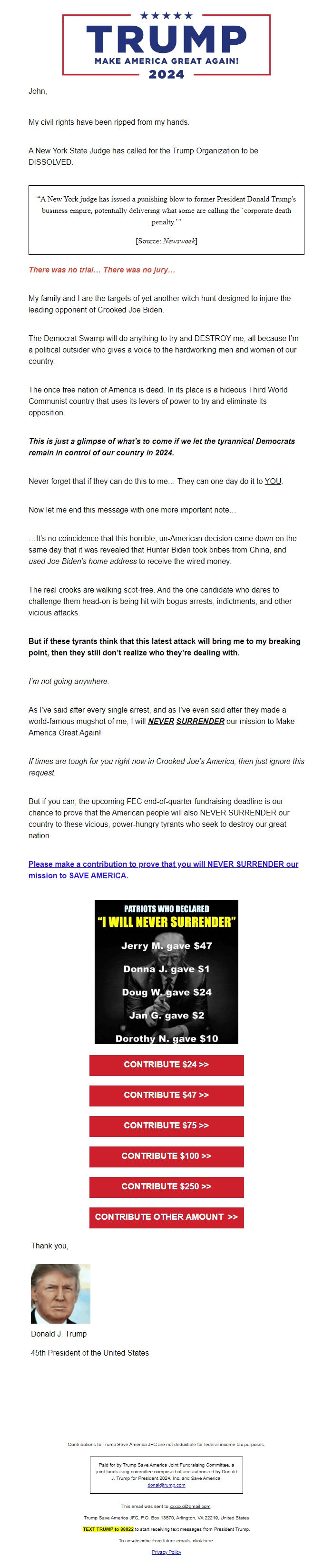 Screenshot of the email generated on import