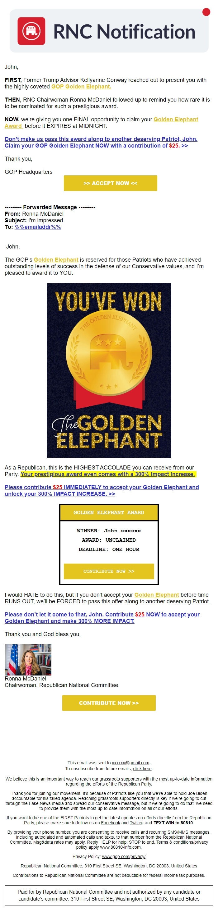 Screenshot of the email generated on import