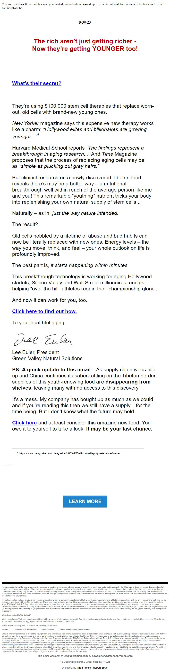 Screenshot of the email generated on import