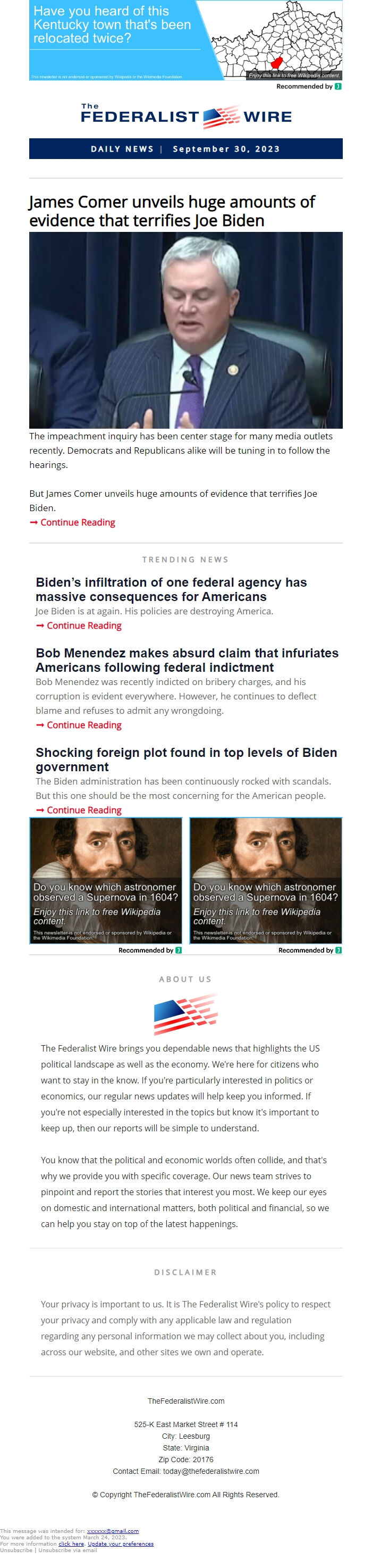 Screenshot of the email generated on import