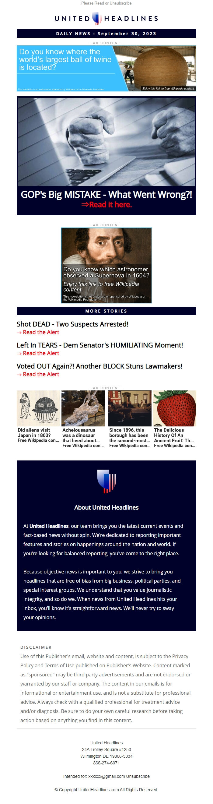 Screenshot of the email generated on import