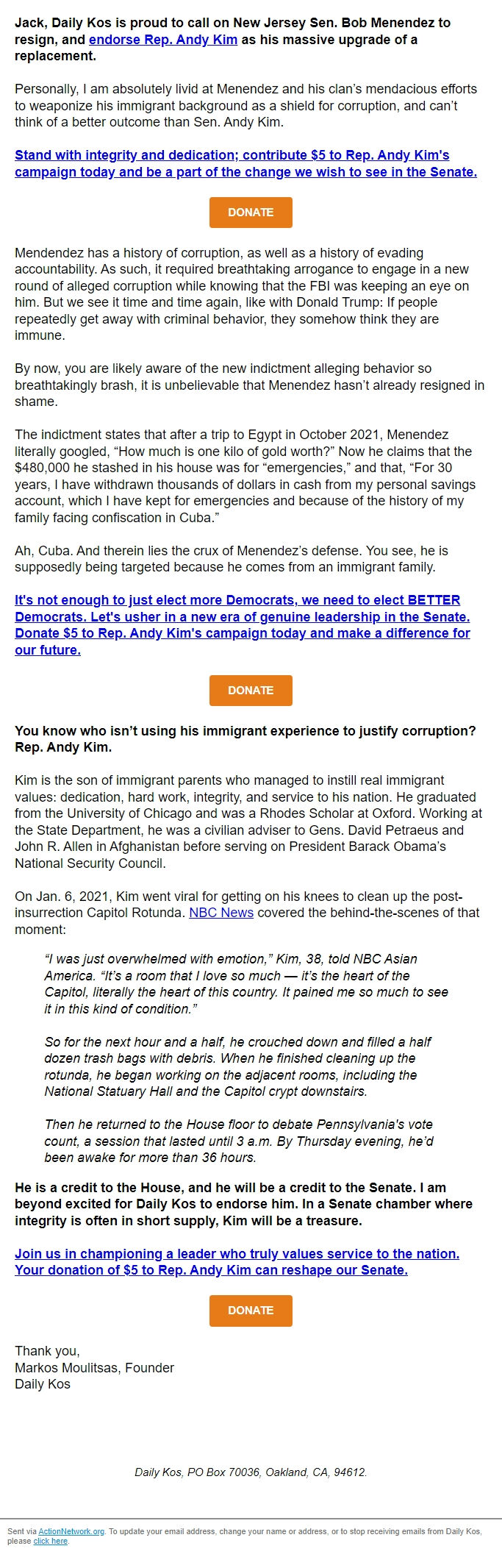 Screenshot of the email generated on import