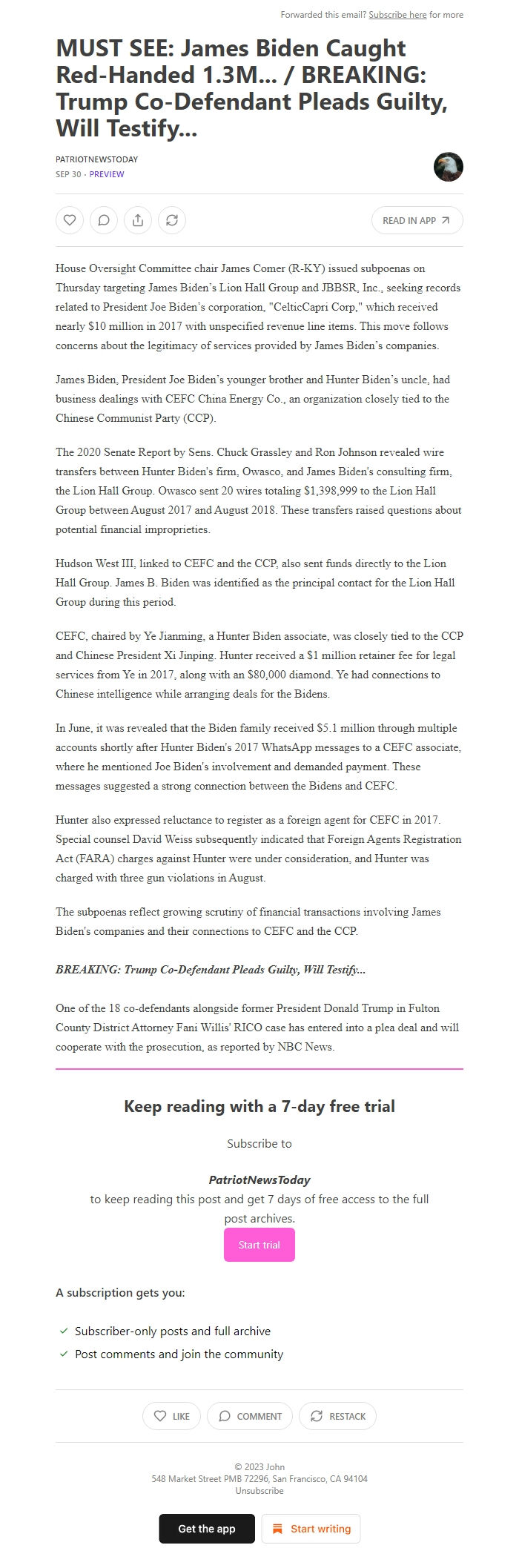 Screenshot of the email generated on import