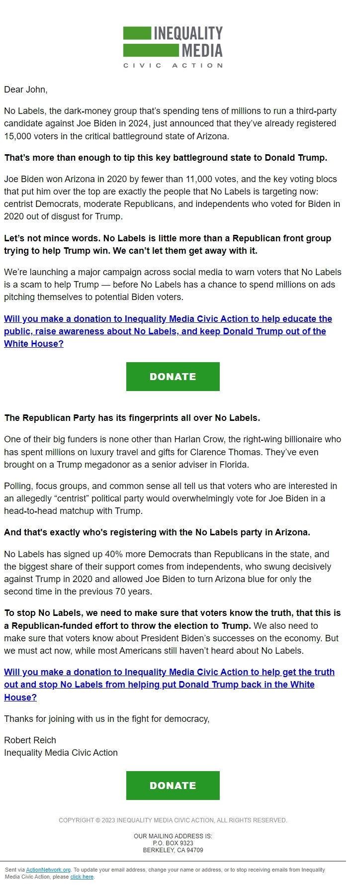 Screenshot of the email generated on import