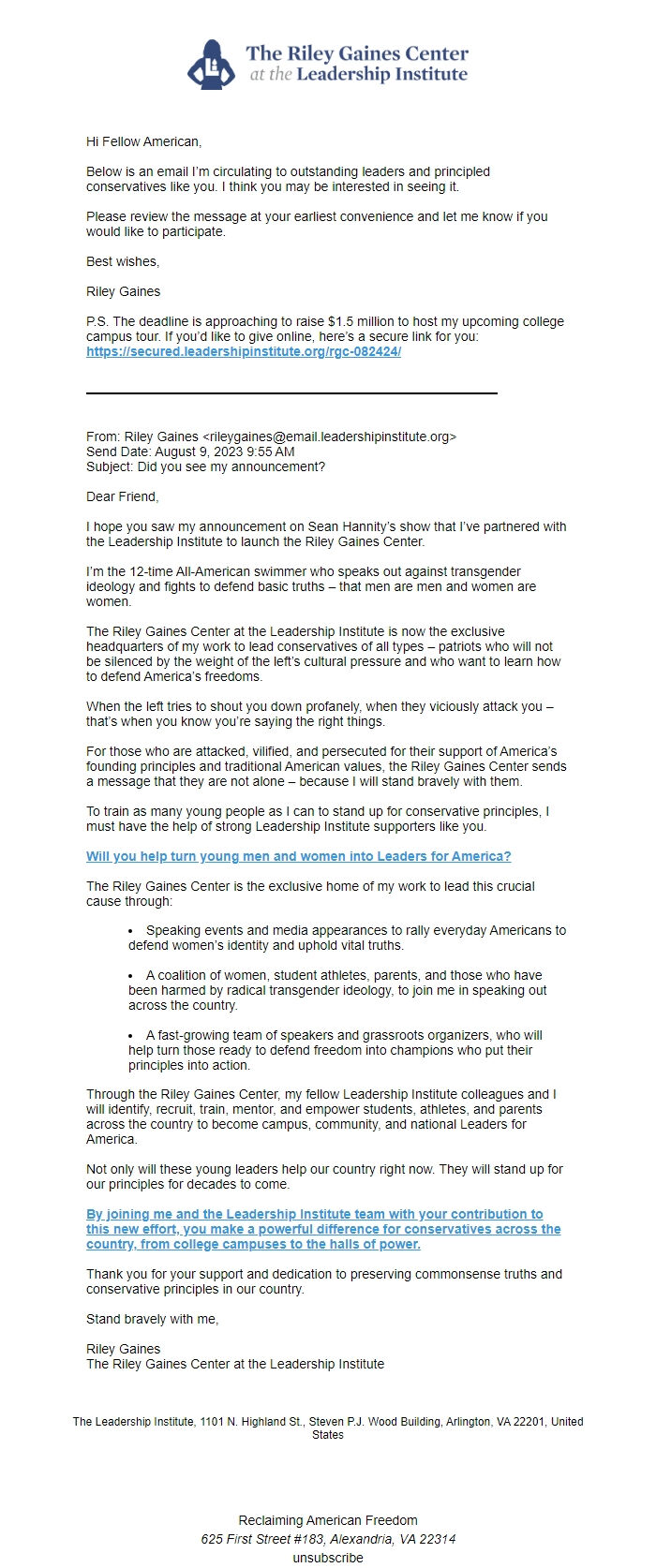 Screenshot of the email generated on import