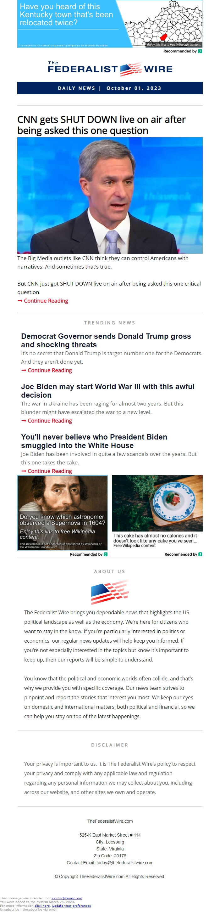 Screenshot of the email generated on import