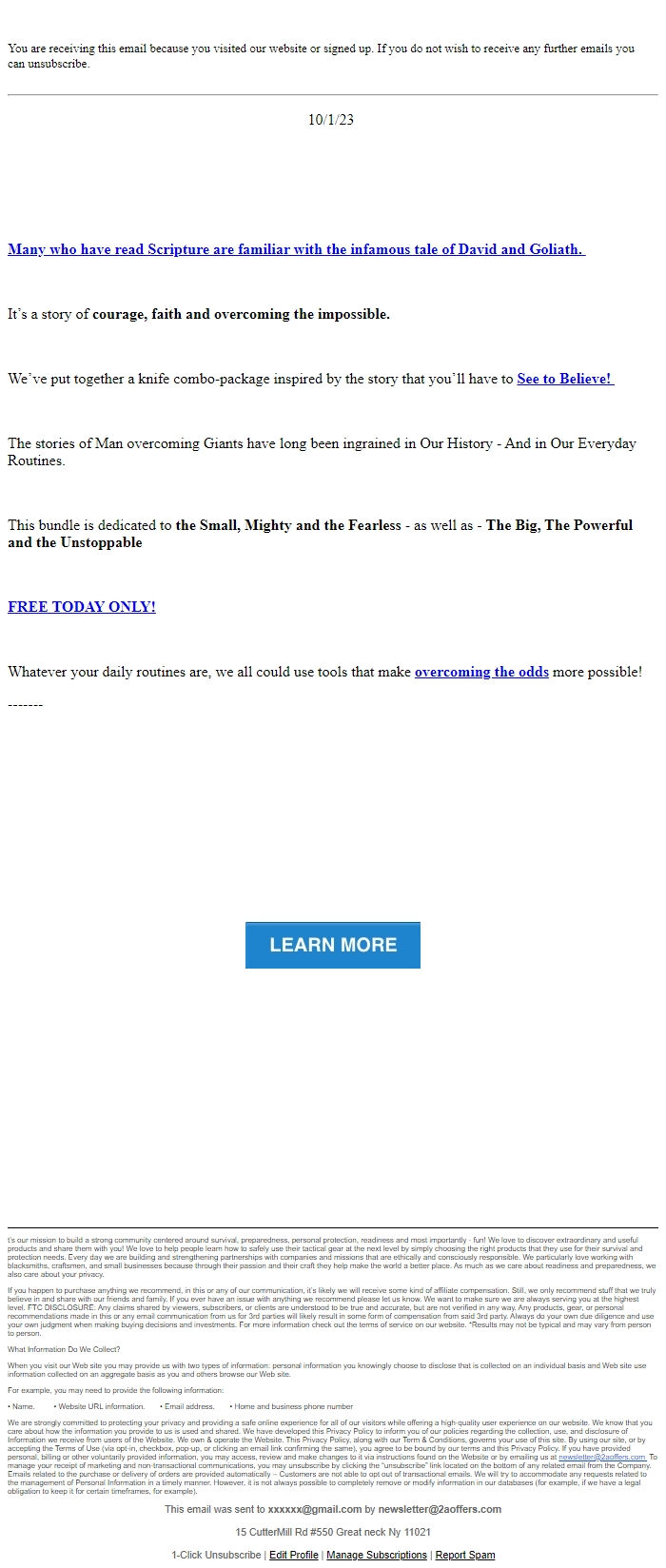 Screenshot of the email generated on import