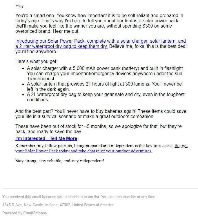 Screenshot of the email generated on import