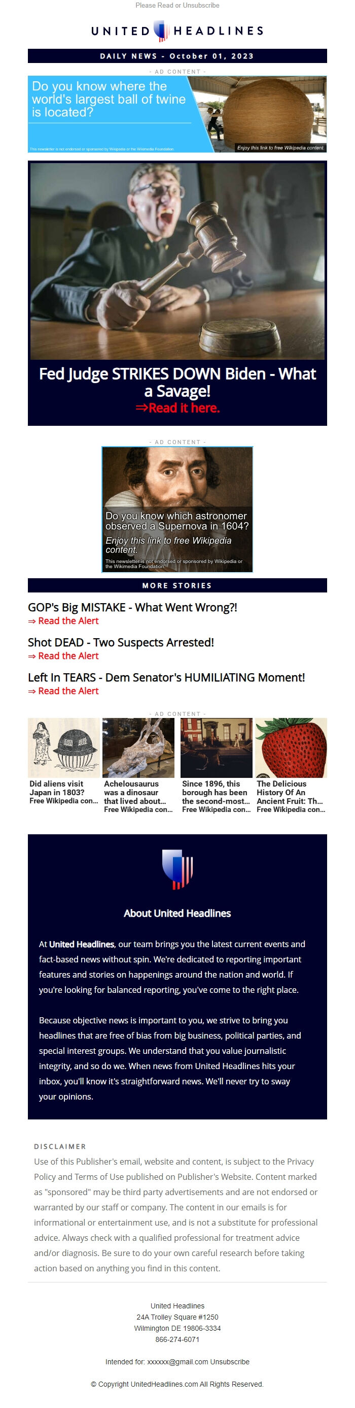 Screenshot of the email generated on import