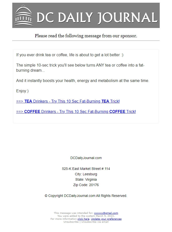 Screenshot of the email generated on import