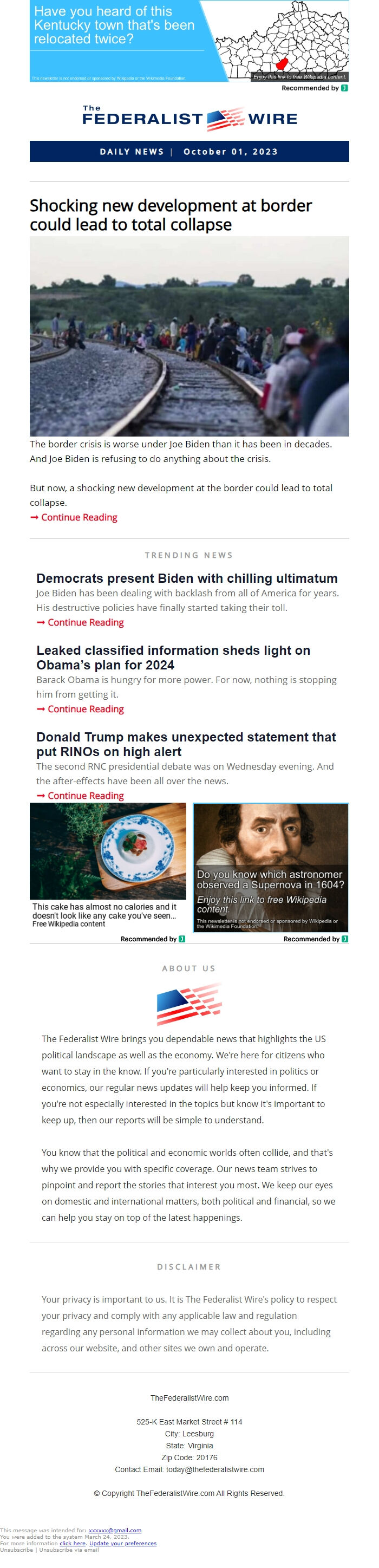 Screenshot of the email generated on import