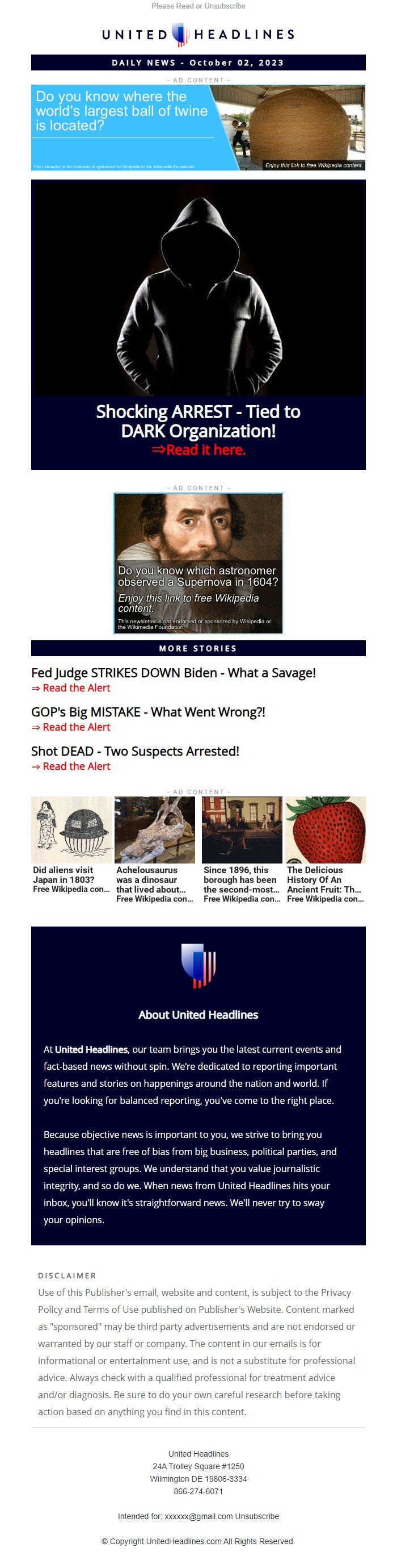 Screenshot of the email generated on import