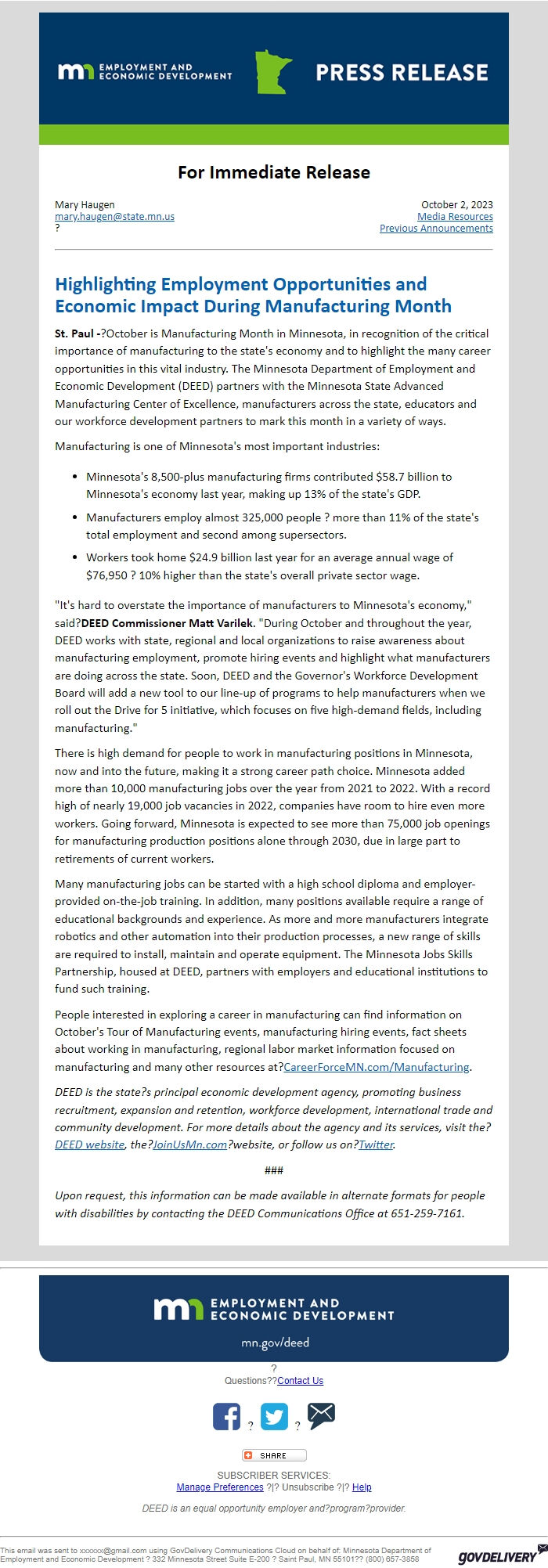 Screenshot of the email generated on import