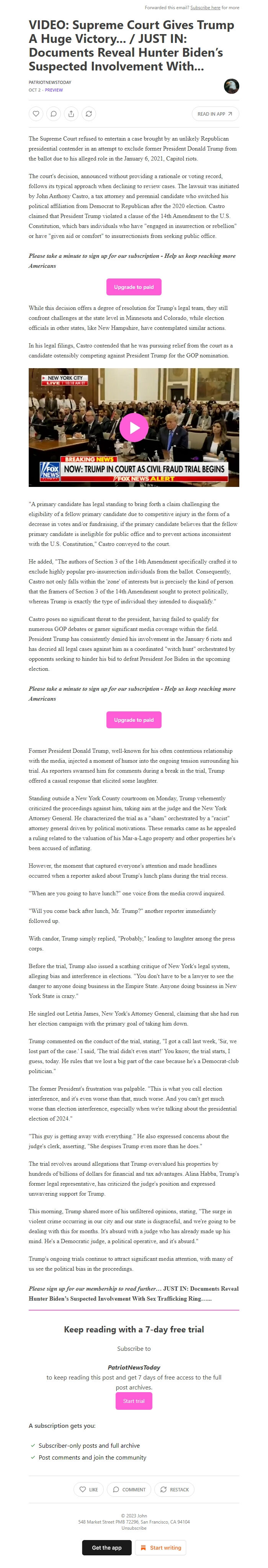 Screenshot of the email generated on import