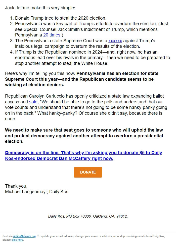 Screenshot of the email generated on import