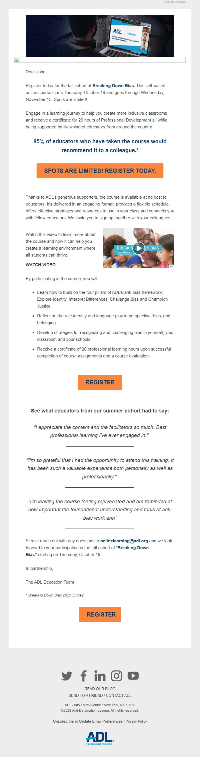 Screenshot of the email generated on import