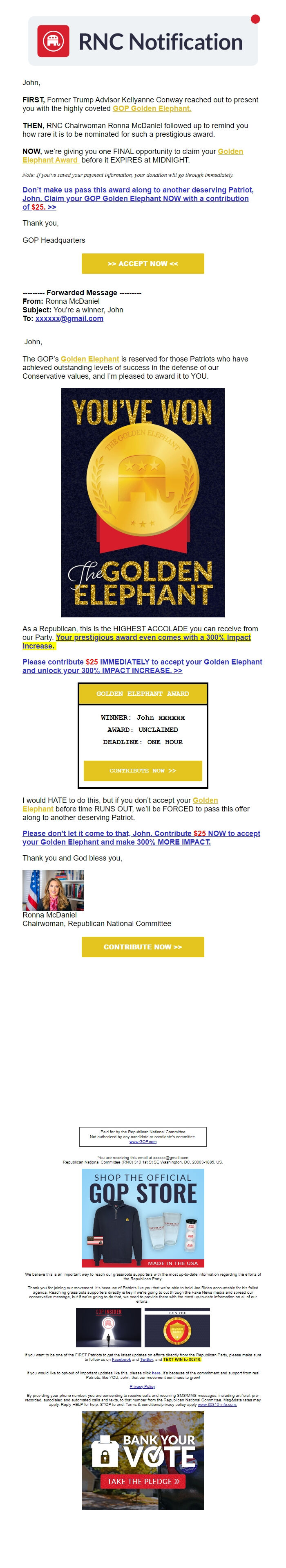 Screenshot of the email generated on import