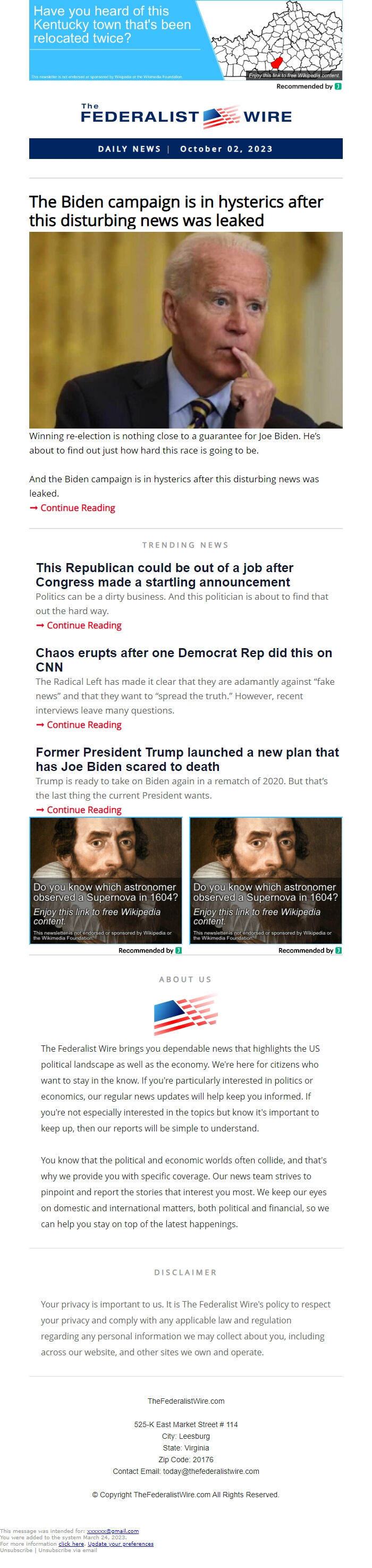 Screenshot of the email generated on import