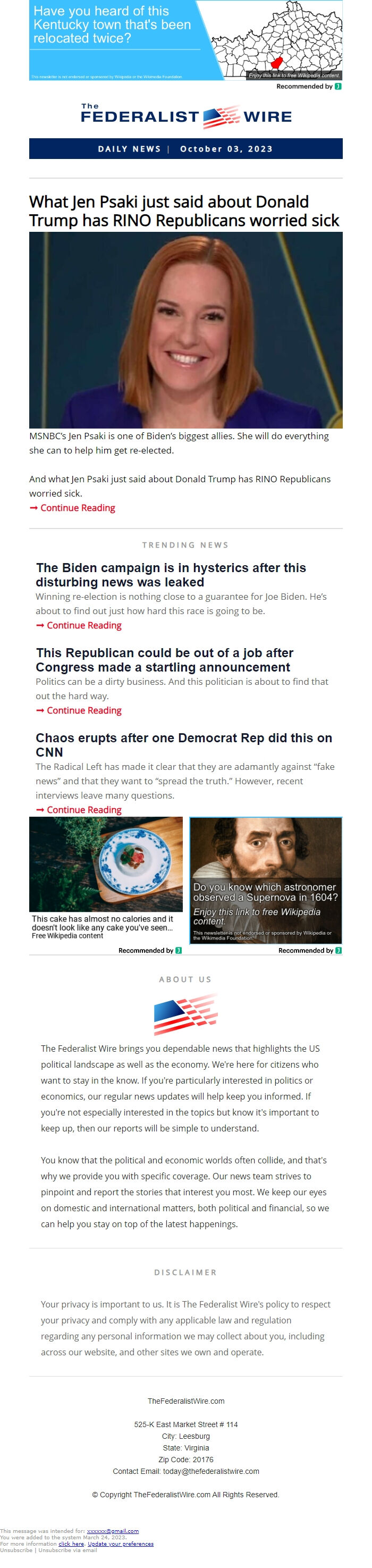 Screenshot of the email generated on import