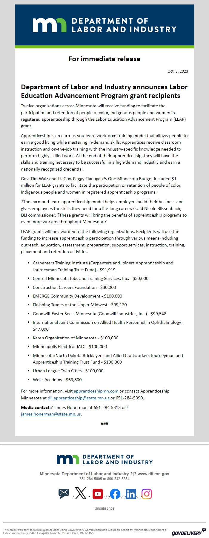 Screenshot of the email generated on import