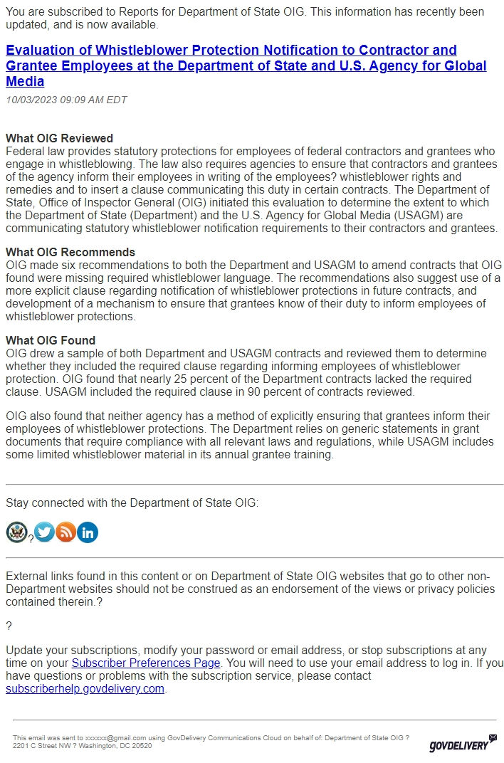 Screenshot of the email generated on import