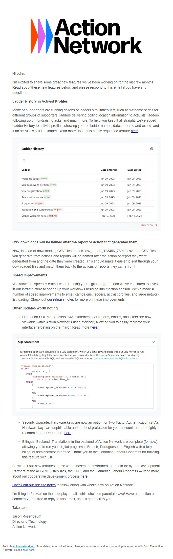 Screenshot of the email generated on import