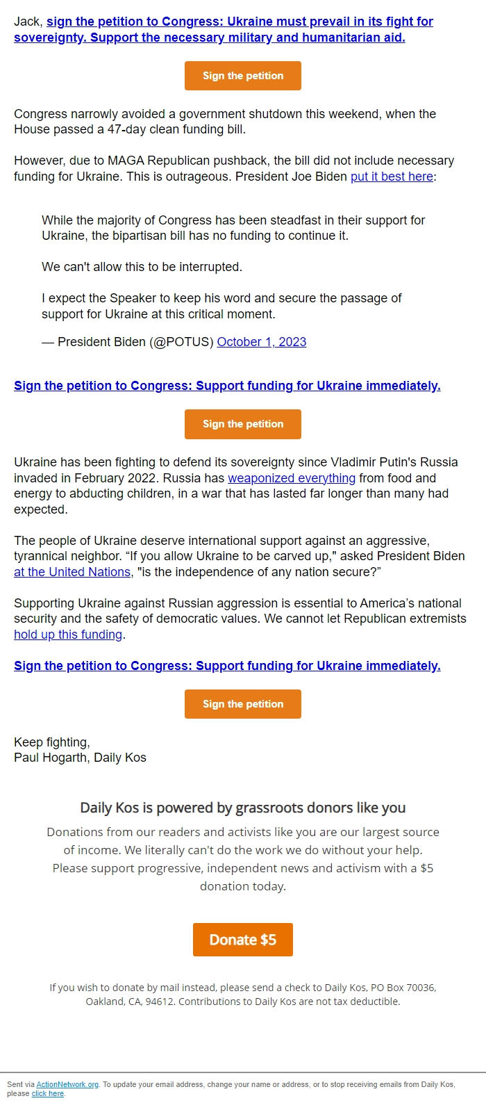 Screenshot of the email generated on import