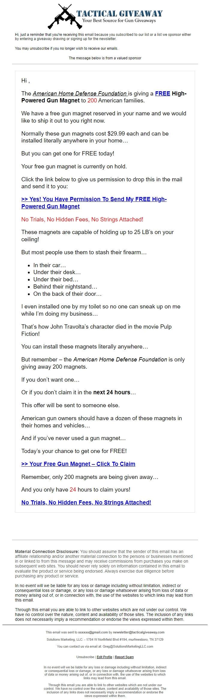 Screenshot of the email generated on import