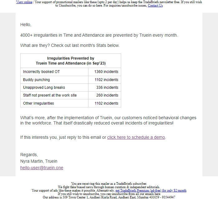 Screenshot of the email generated on import