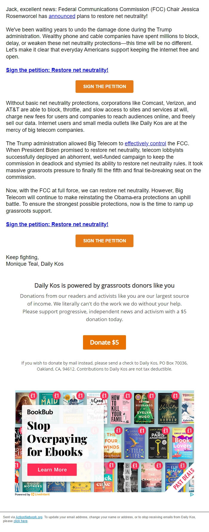 Screenshot of the email generated on import