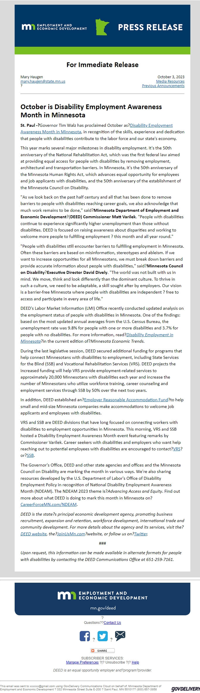 Screenshot of the email generated on import