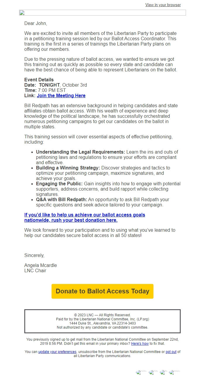 Screenshot of the email generated on import