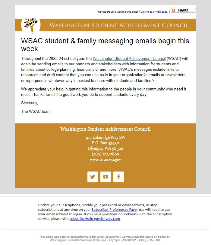 Screenshot of the email generated on import